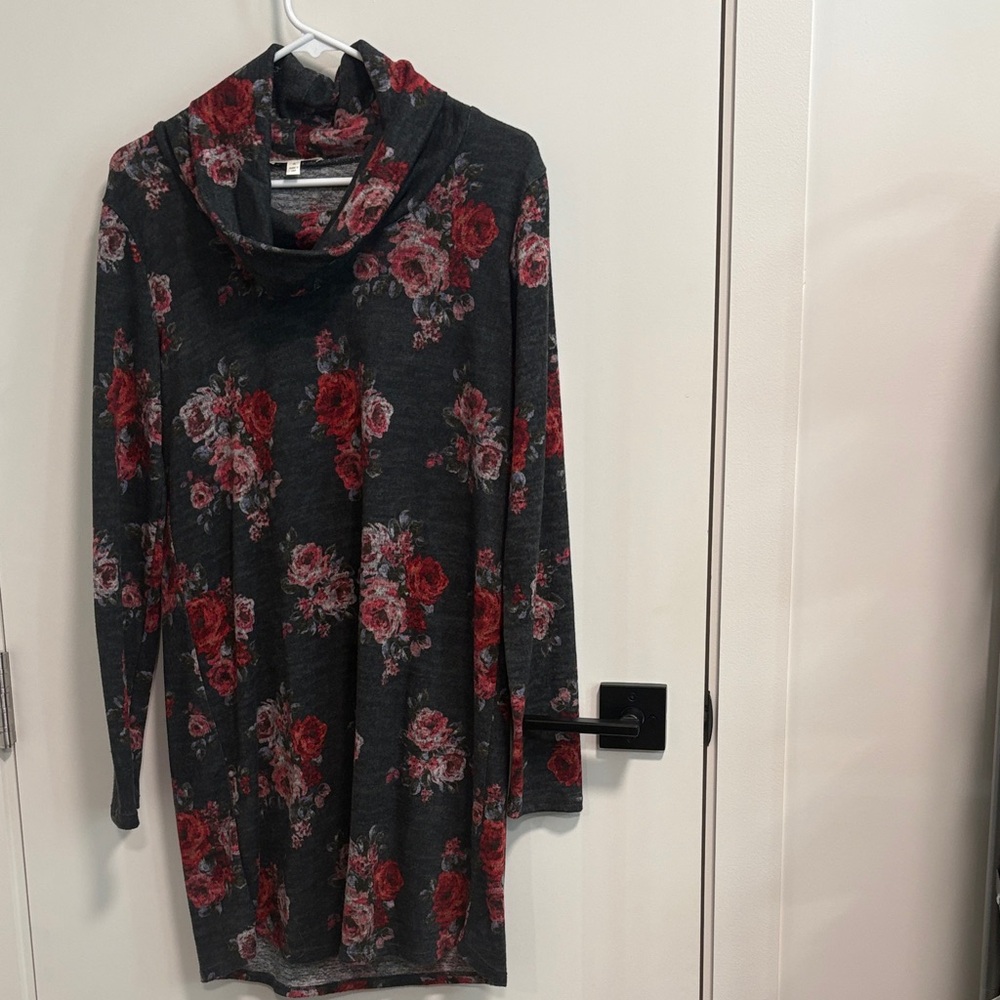 nine britton Charcoal Floral Cowl Neck Dress with Red Roses